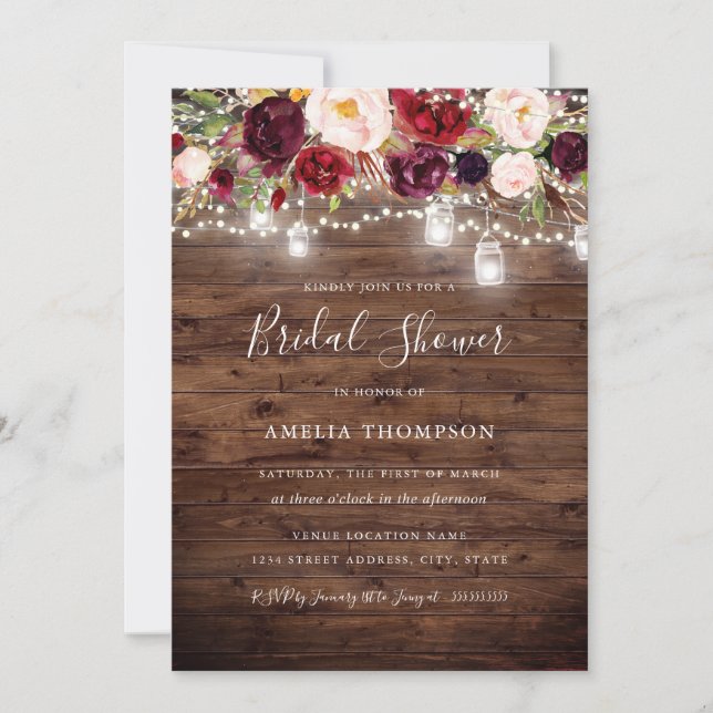 Invitación Luces Florales Rústicas de Borgoña para Despedida  (Anverso)