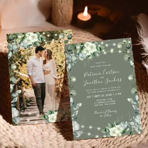 Invitación Luces florales rústicas de verde salvia foto boda