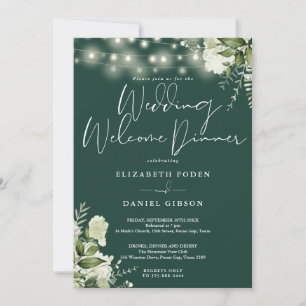 Invitación Luces Florales Verde Esmeralda Cena de Bienvenida 