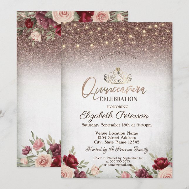 Invitación Luces, Flores Borgoña Brillantes Quinceañera (Anverso / Reverso)