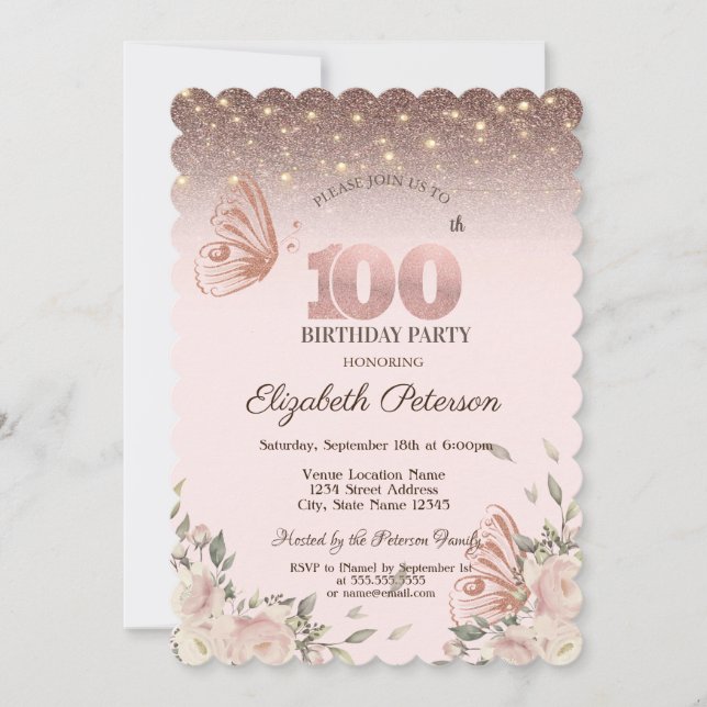 Invitación Luces, Flores Brillo Mariposas Cumpleaños 100 (Anverso)