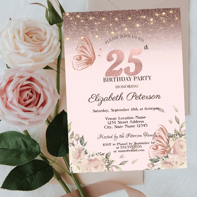 Invitación Luces, Flores Brillo Mariposas Cumpleaños 25 (Subido por el creador)