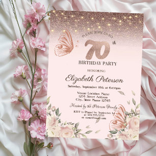 Invitación Luces, Flores Brillo Mariposas Cumpleaños 70