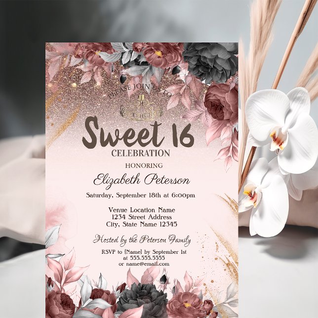 Invitación Luces, Flores Chic Brillan Dulces 16 (Subido por el creador)