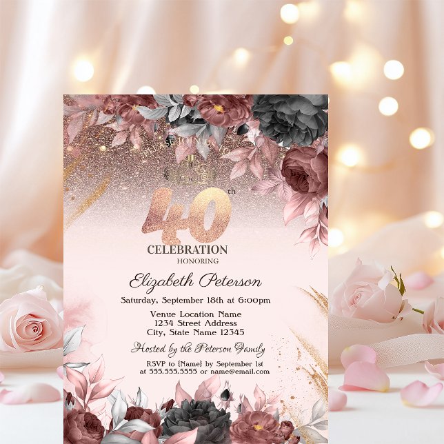 Invitación Luces, Flores Chic Brillantes Cumpleaños 40 (Subido por el creador)