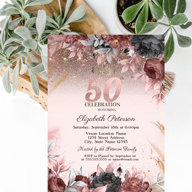 Invitación Luces, Flores Chic Brillo Cumpleaños 50 (Subido por el creador)