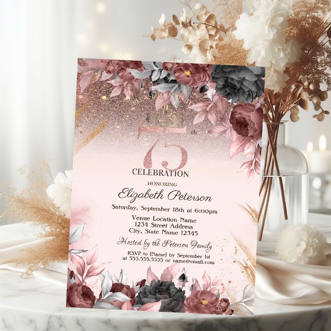 Invitación Luces, Flores Chic Brillo Cumpleaños 75 (Subido por el creador)