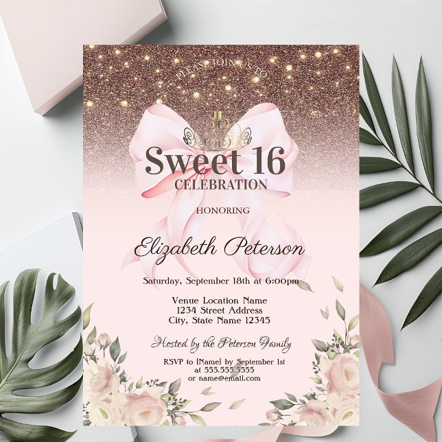 Invitación Luces, flores de lazo rosa brillo Sweet 16 (Subido por el creador)