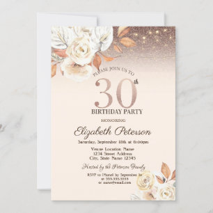 Invitación Luces, Flores de Otoño Brillo Bokeh 30 Cumpleaños