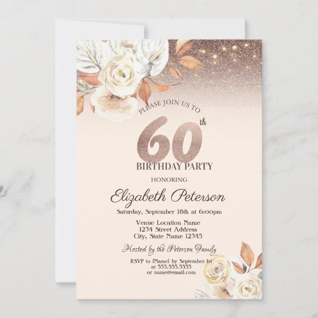 Invitación Luces, Flores de Otoño Brillo Bokeh 60 Cumpleaños (Anverso)