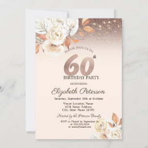 Invitación Luces, Flores de Otoño Brillo Bokeh 60 Cumpleaños