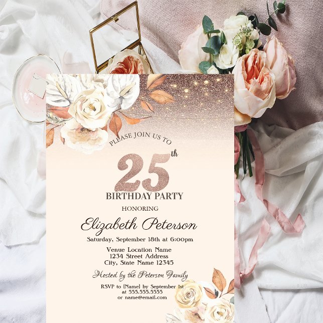Invitación Luces, Flores de Otoño Brillo Bokeh Cumpleaños 25 (Subido por el creador)