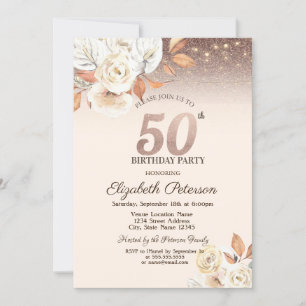 Invitación Luces, Flores de Otoño Brillo Bokeh Cumpleaños 50