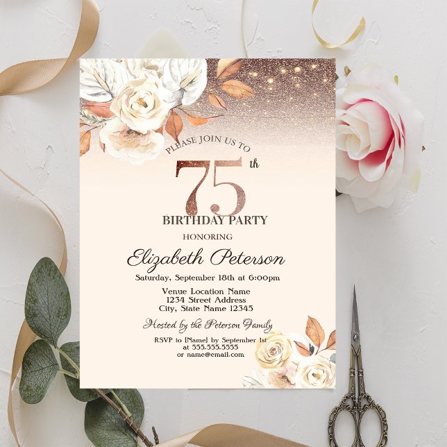 Invitación Luces, Flores de Otoño Brillo Bokeh Cumpleaños 75 (Subido por el creador)