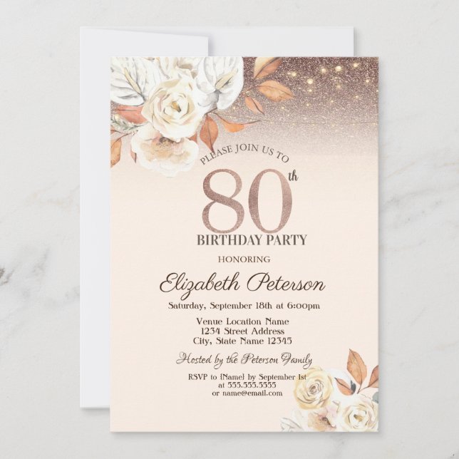 Invitación Luces, Flores de Otoño Brillo Bokeh Cumpleaños 80 (Anverso)