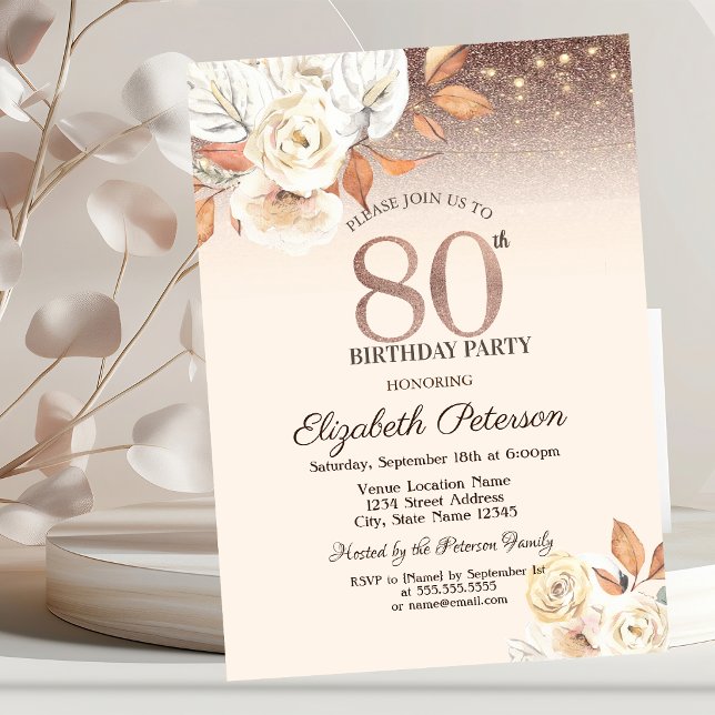 Invitación Luces, Flores de Otoño Brillo Bokeh Cumpleaños 80 (Subido por el creador)