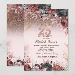 Invitación Luces, Flores Elegantes Brillan 25 Cumpleaños