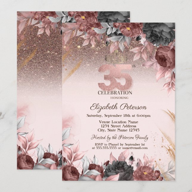 Invitación Luces, Flores Elegantes Brillan 35 Cumpleaños (Anverso / Reverso)