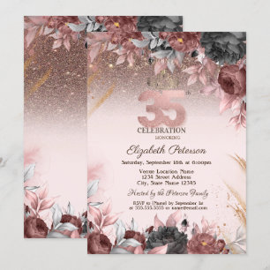 Invitación Luces, Flores Elegantes Brillan 35 Cumpleaños