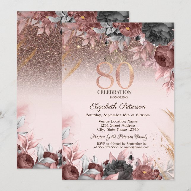 Invitación Luces, Flores Elegantes Brillan 80 Cumpleaños (Anverso / Reverso)
