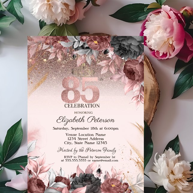 Invitación Luces, Flores Elegantes Brillan 85 Cumpleaños (Subido por el creador)