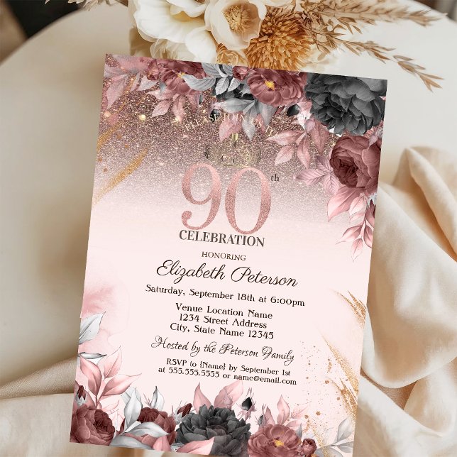 Invitación Luces, Flores Elegantes Brillan 90 Cumpleaños (Subido por el creador)