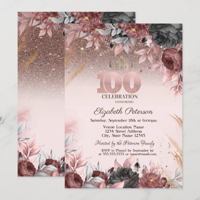 Invitación Luces, Flores Elegantes Brillan Cumpleaños 100 (Anverso / Reverso)