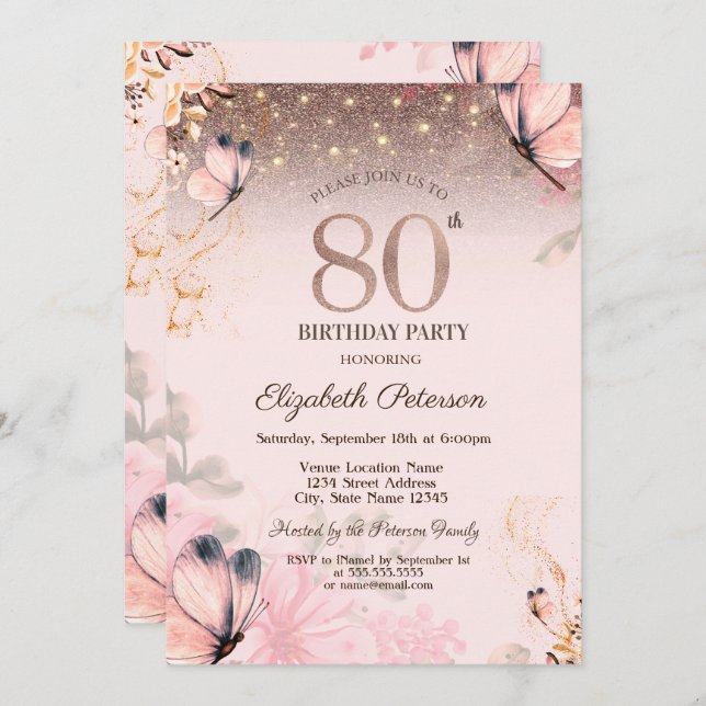 Invitación Luces, flores mariposas rosadas 80 cumpleaños (Anverso / Reverso)