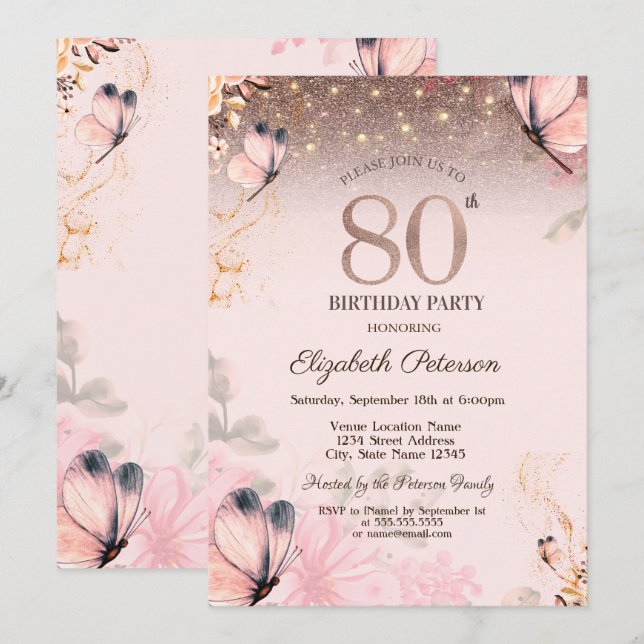 Invitación Luces, Flores Mariposas Rosadas Cumpleaños 80 (Anverso / Reverso)