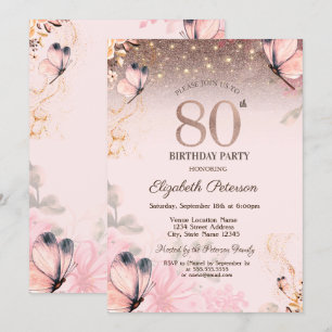 Invitación Luces, Flores Mariposas Rosadas Cumpleaños 80