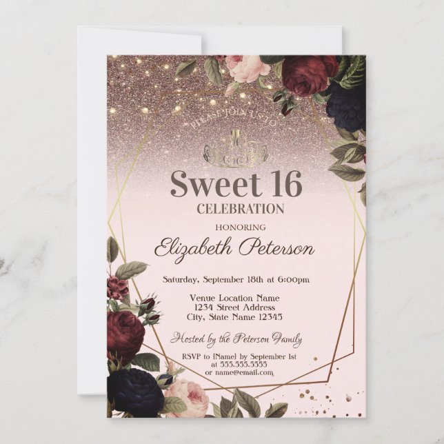 Invitación Luces, flores oscuras brillan Sweet 16 (Anverso)