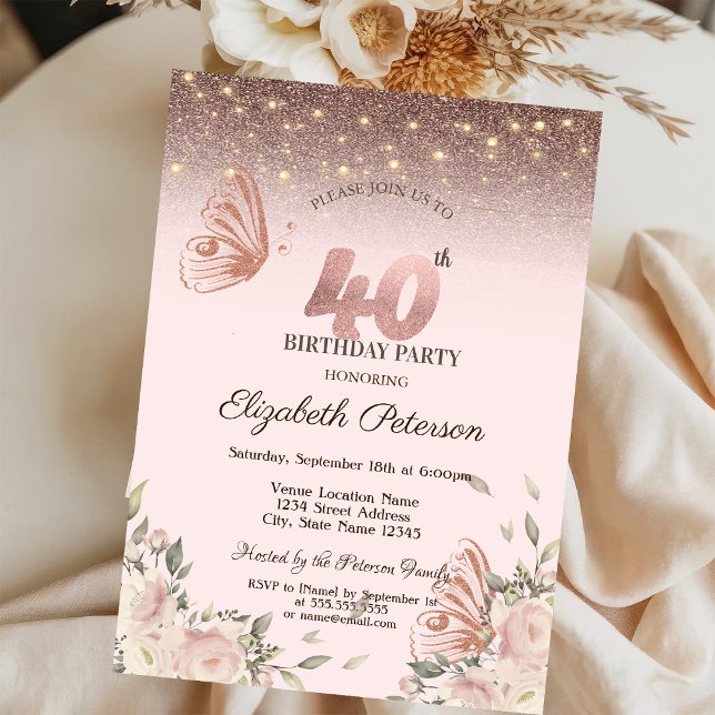 Invitación Luces, flores Purpurina mariposas 40 cumpleaños (Subido por el creador)