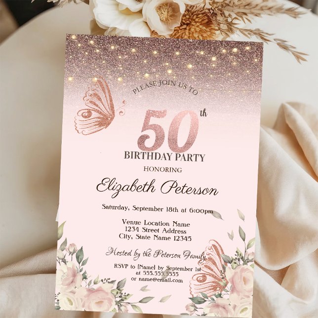 Invitación Luces, flores Purpurina Mariposas 50 cumpleaños (Subido por el creador)