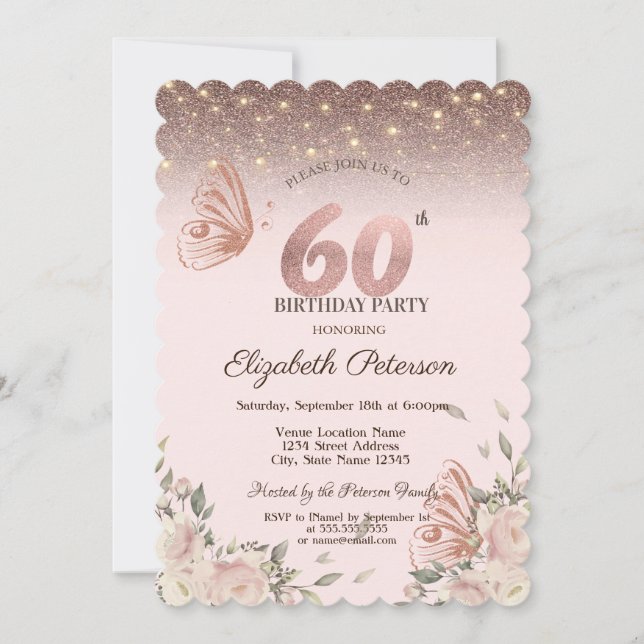 Invitación Luces, flores Purpurina Mariposas 60 cumpleaños (Anverso)