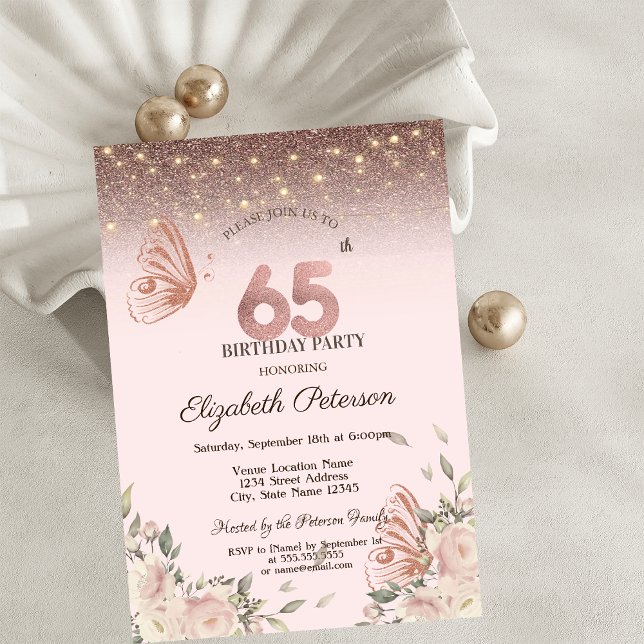 Invitación Luces, flores Purpurina Mariposas 65º cumpleaños (Subido por el creador)