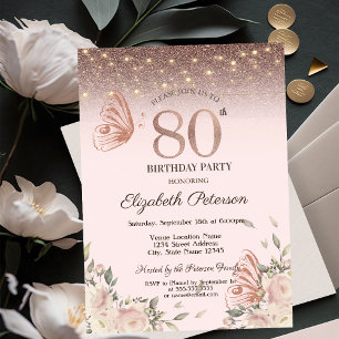 Invitación Luces, flores Purpurina Mariposas 80 cumpleaños
