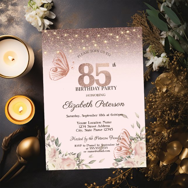 Invitación Luces, flores Purpurina Mariposas 85º cumpleaños (Subido por el creador)