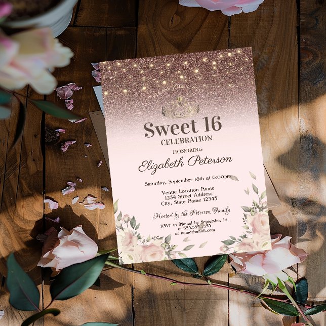 Invitación Luces, Flores Rosadas Brillan Dulces 16 (Subido por el creador)