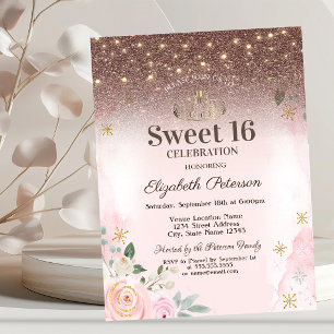 Invitación Luces, flores rosadas Copos de nieve Brillo Dulces