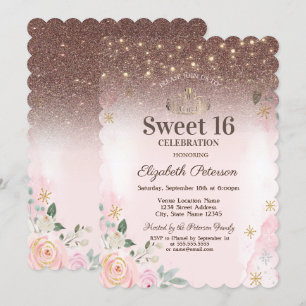 Invitación Luces, flores rosadas Copos de nieve Brillo Dulces
