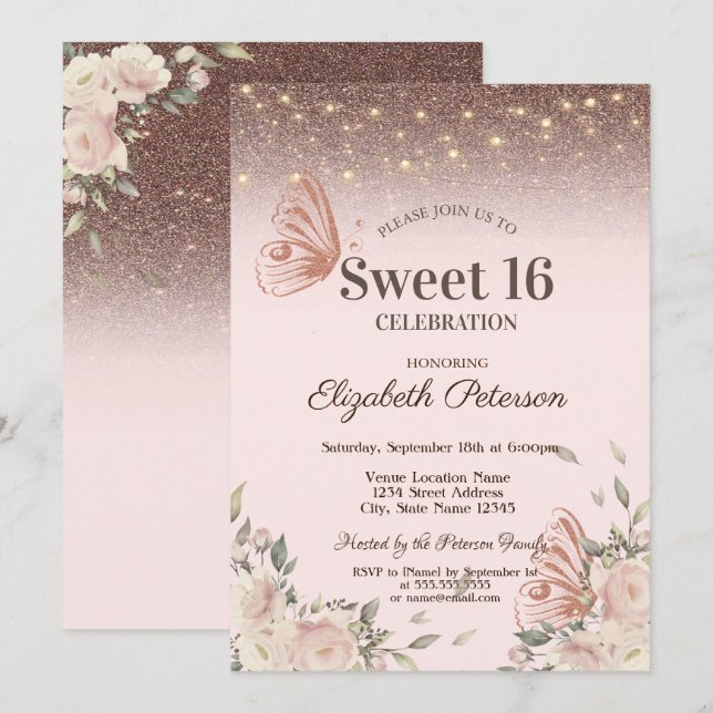 Invitación Luces, Flores Rosadas Mariposas Brillantes Dulces  (Anverso / Reverso)