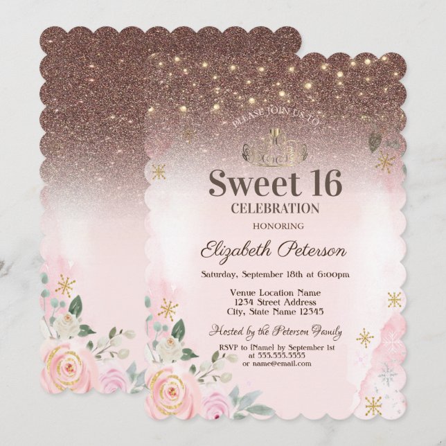 Invitación Luces, flores rosas, copos de nieve Purpurina dulc (Anverso / Reverso)