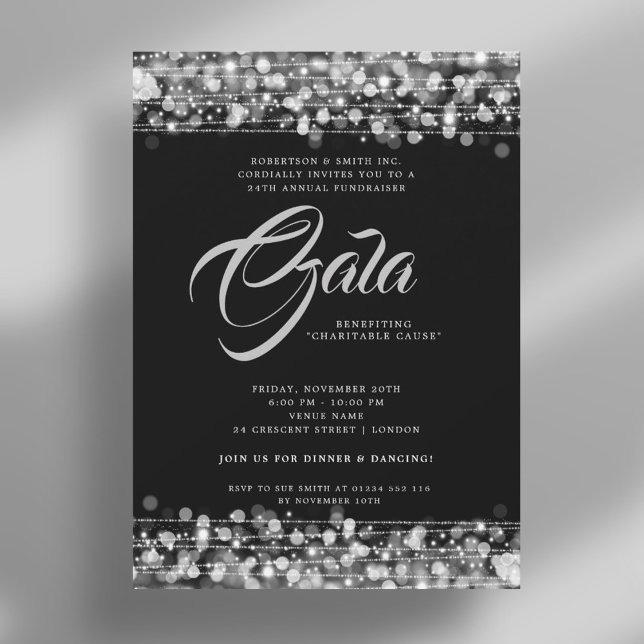 Invitación Luces formales de vidrio plateado de globo de gala (Formal Corporate Gala Ball Silver Glam Lights Invitation)