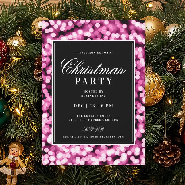 Invitación Luces Glam de Navidad Rosa Caliente Fiesta de Vaca (Hot Pink Christmas Glam Lights Holiday Party Invitation)