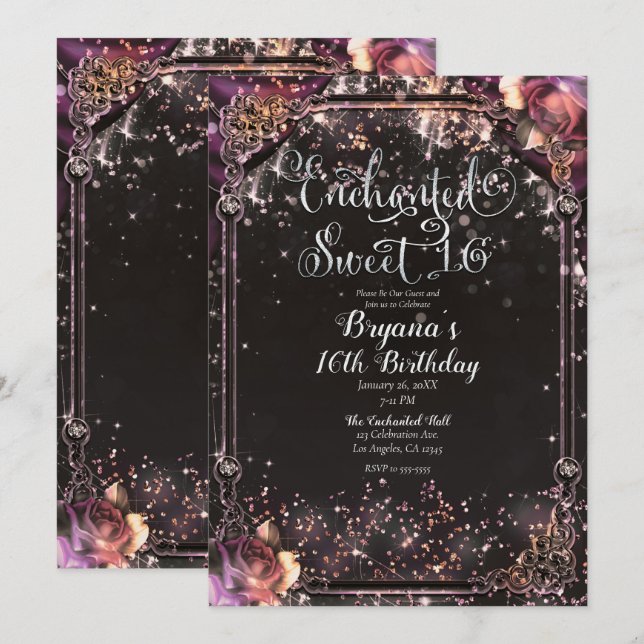 Invitación Luces Glam Glitter Destello Oscuro Fiesta Dulces 1 (Anverso / Reverso)