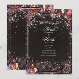 Invitación Luces Glam Glitter Destello Oscuro Floral Boda