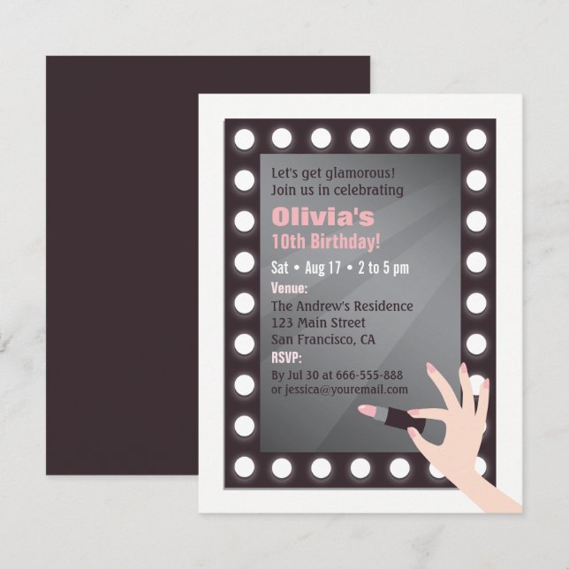 Invitación Luces Glamour Chic Maquillaje Cumpleaños de Chicas (Anverso / Reverso)