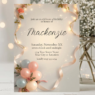 Invitación Luces Glamurosas con Cintas y Globos Pastel