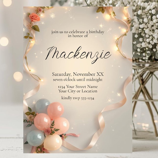 Invitación Luces Glamurosas con Cintas y Globos Pastel (Subido por el creador)