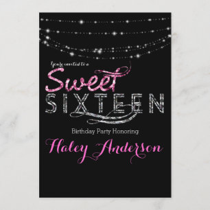 Invitación Luces Glitter Glamour Fiesta SWEET 16 Rosa Negro